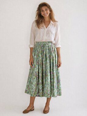 Vintage Laura Ashley Floral Midi Skirt Cottagecore Summer Green Romantic 90s M